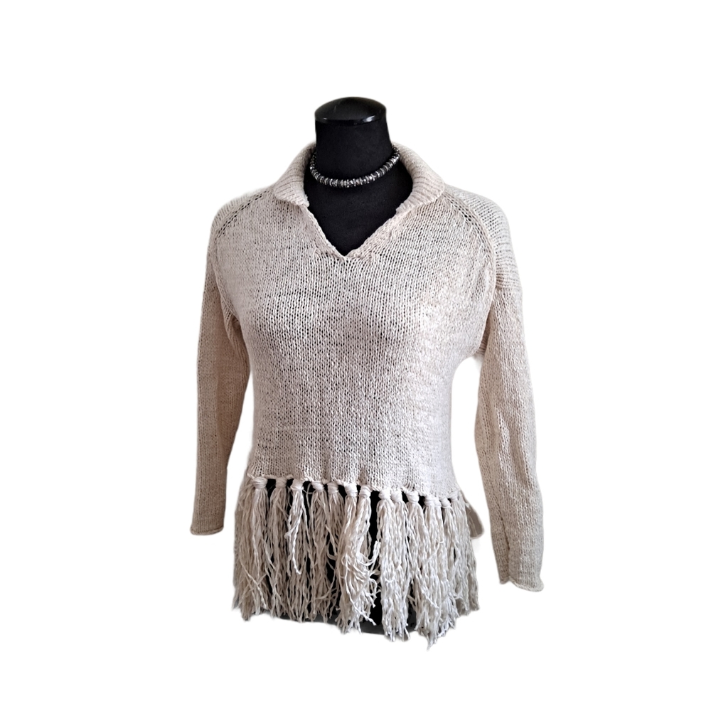 Moon & Meadow Womens Ivory Knitted Fringed Sweater